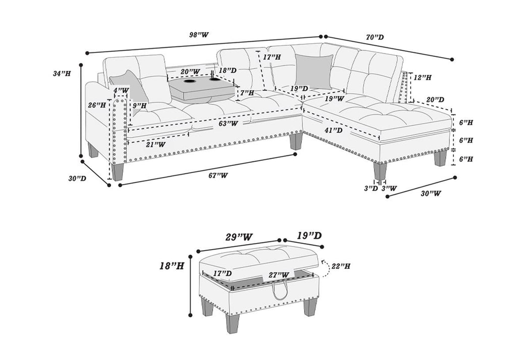 3-Piece Sectional with Storage Ottoman - Grey