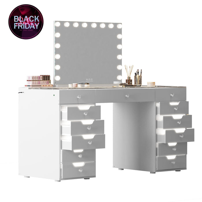 VANITII Eva Vanity Desk  - 13 Storage Drawers with Full Light