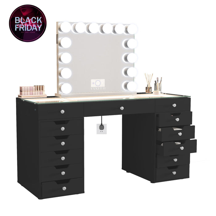 VANITII Eva Vanity Desk - 13 Storage Drawers -Black