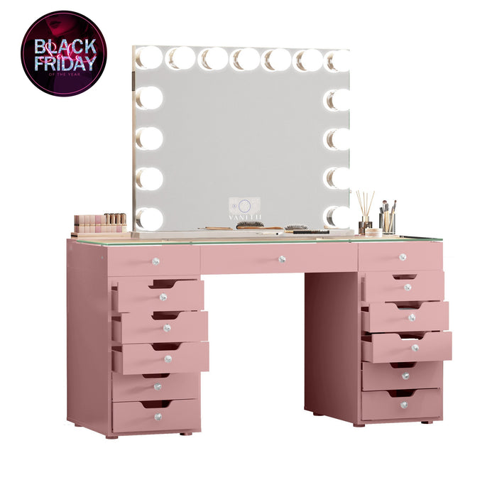 VANITII Eva Vanity Desk - 13 Storage Drawers - Pink