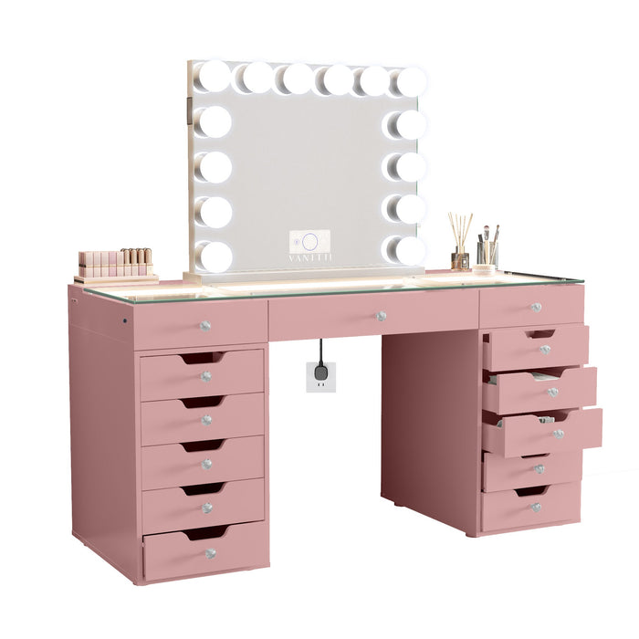 VANITII Eva Vanity Desk - 13 Storage Drawers - Pink