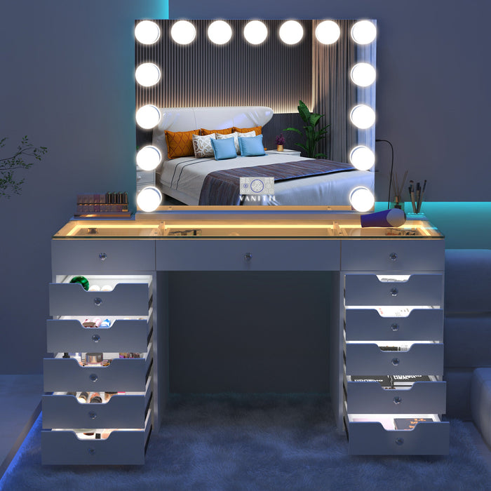 VANITII Eva Vanity Desk  - 13 Storage Drawers with Full Light