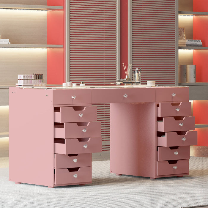 VANITII Eva Vanity Desk - 13 Storage Drawers - Pink