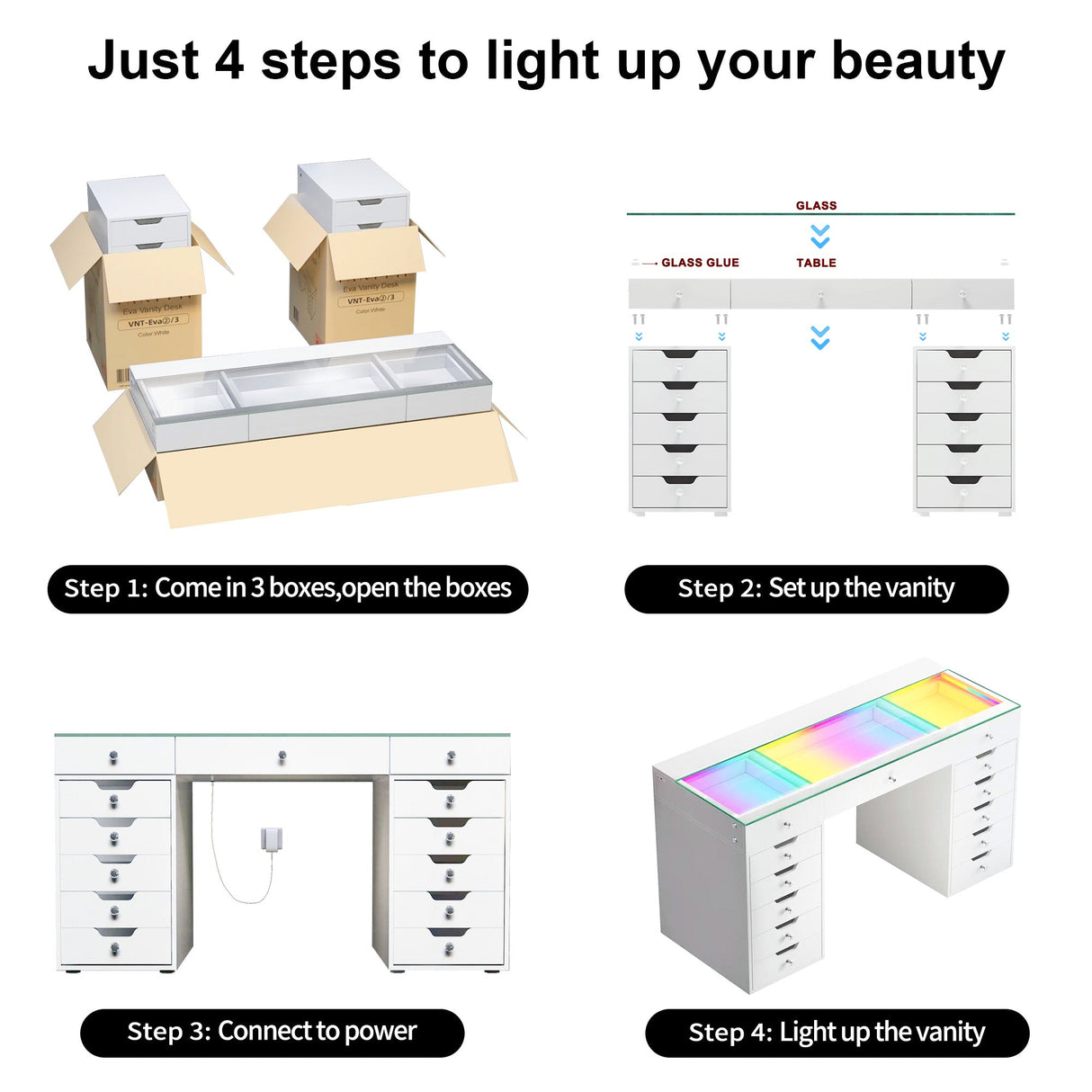Promotion Deal! VANITII Eva-RGB Vanity Desk Set with 13 Storage Drawers and 15 Bulbs Light Mirror