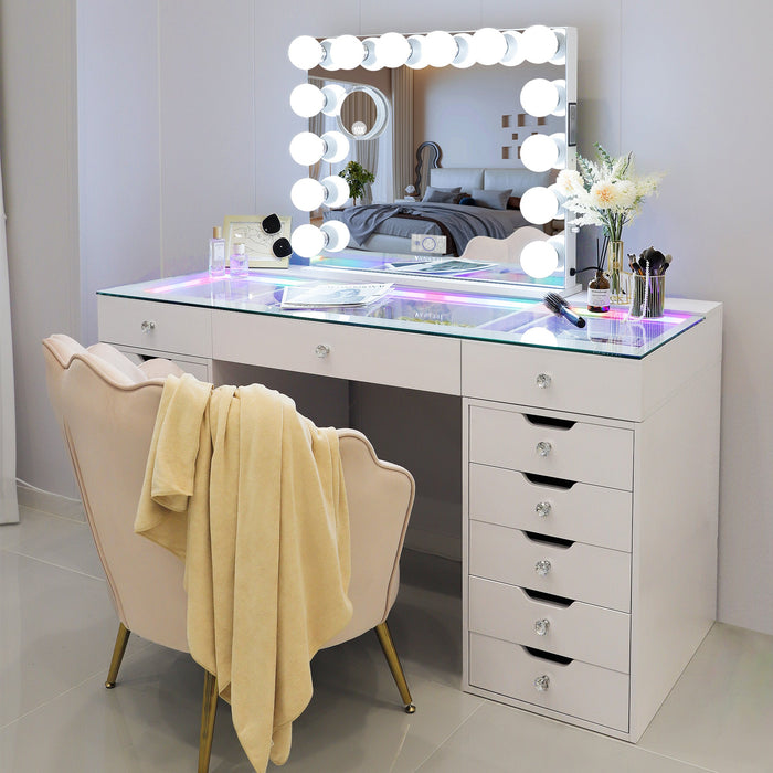 VANITII Eva Vanity Desk  - 13 Storage Drawers with Full Light &RGB