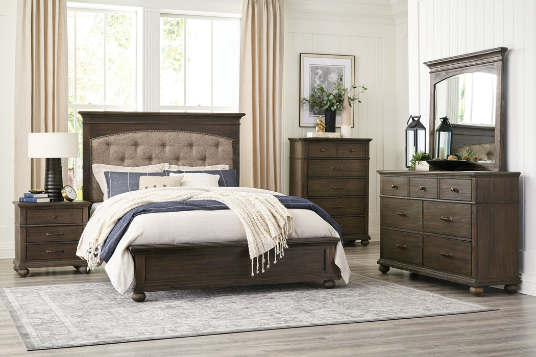 Motsinger Brown King Upholstered Panel Bed