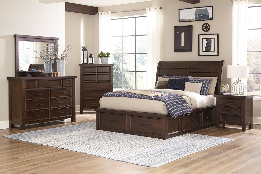 Logandale Brown King Sleigh Storage Platform Bed