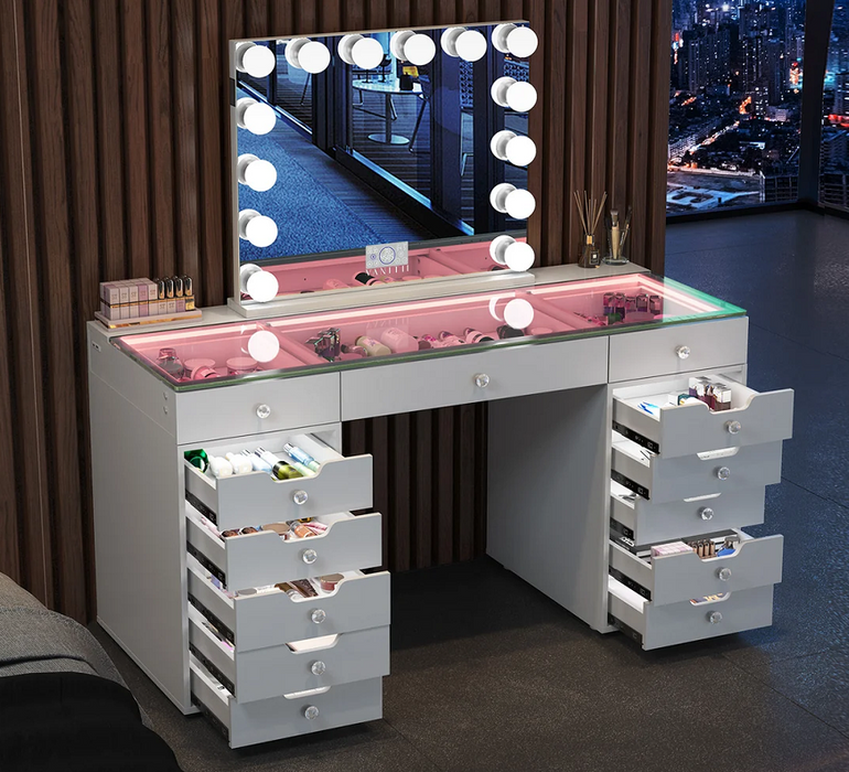 VANITII Eva Vanity Desk  - 13 Storage Drawers with Full Light