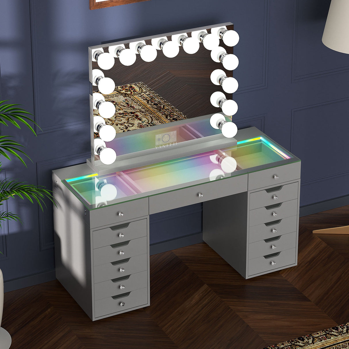 Promotion Deal! VANITII Eva-RGB Vanity Desk Set with 13 Storage Drawers and 15 Bulbs Light Mirror