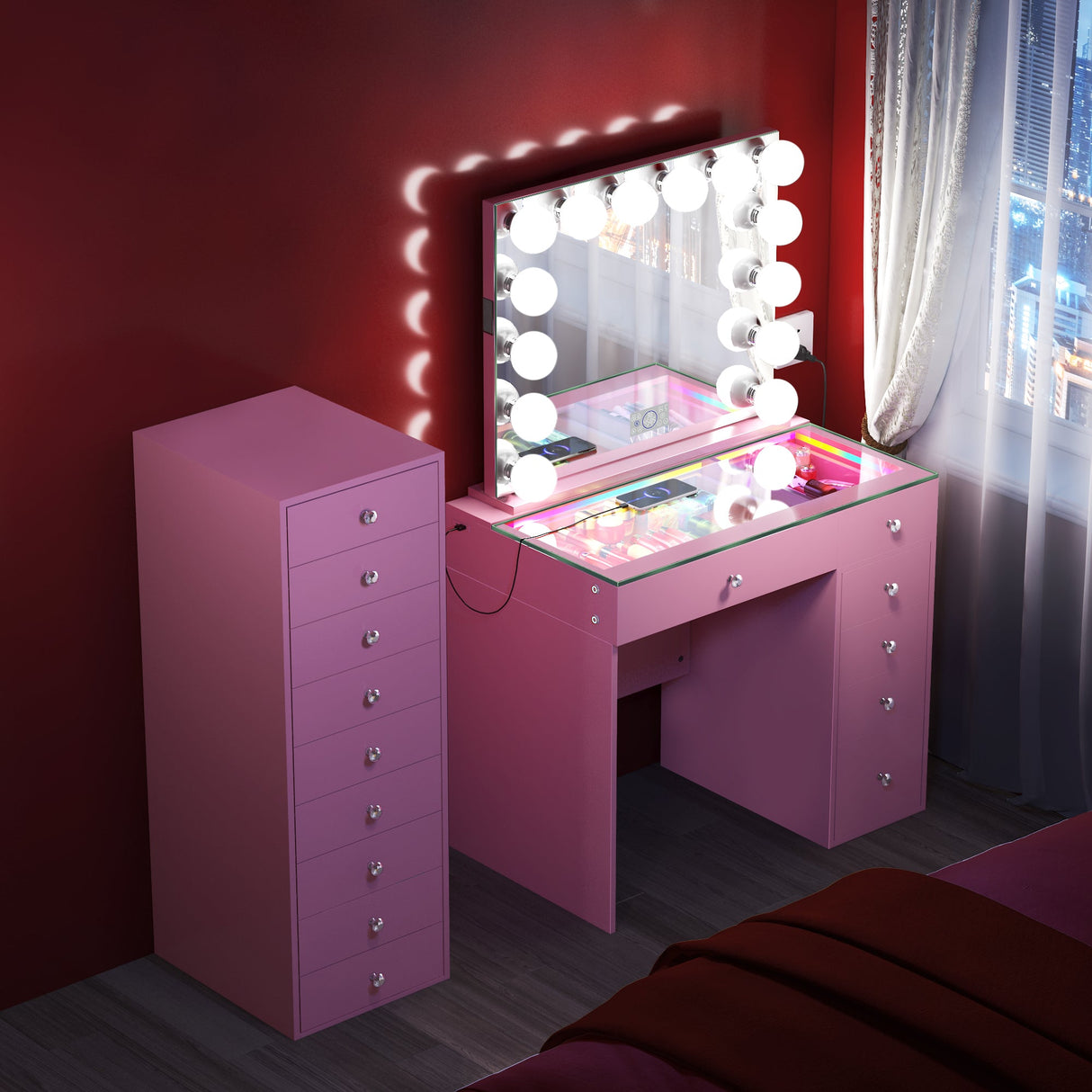 VANITII Mini Diana Vanity Desk with Marilyn Hollywood Vanity Mirror and 9 Drawer Unit (Only sell in California)