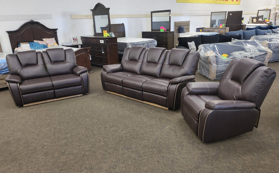 3-Piece Dark Brown Breathable Air Leather Plainjane Manual Reclining Sofa Set