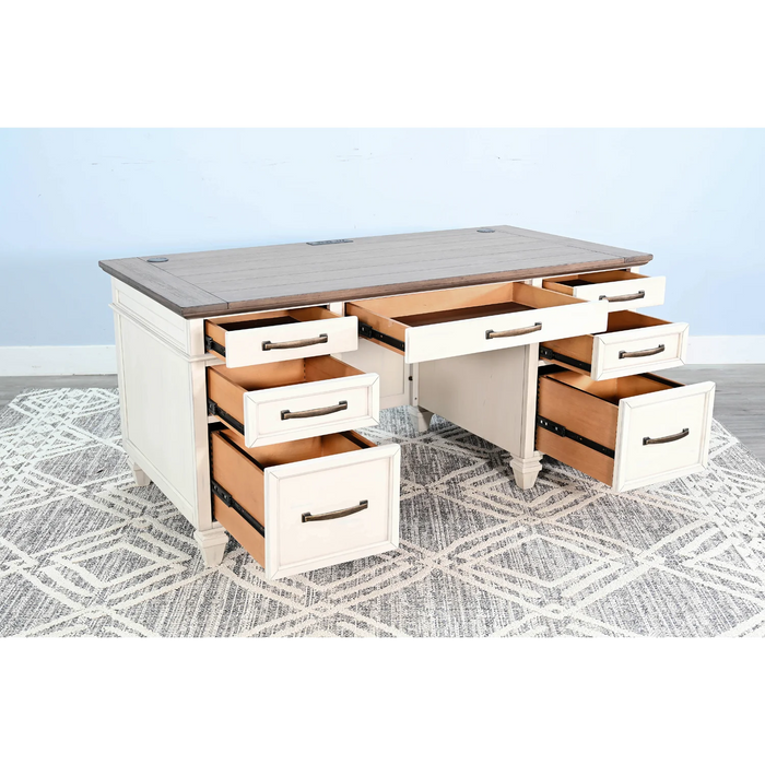 Purity Craft White Desk with Drawers Marble White and Buck Skin