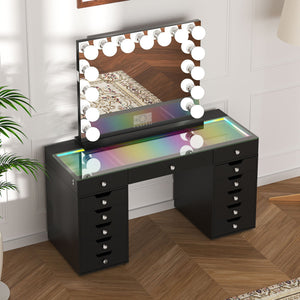 Promotion Deal! VANITII Eva-RGB Vanity Desk Set with 13 Storage Drawers and 15 Bulbs Light Mirror