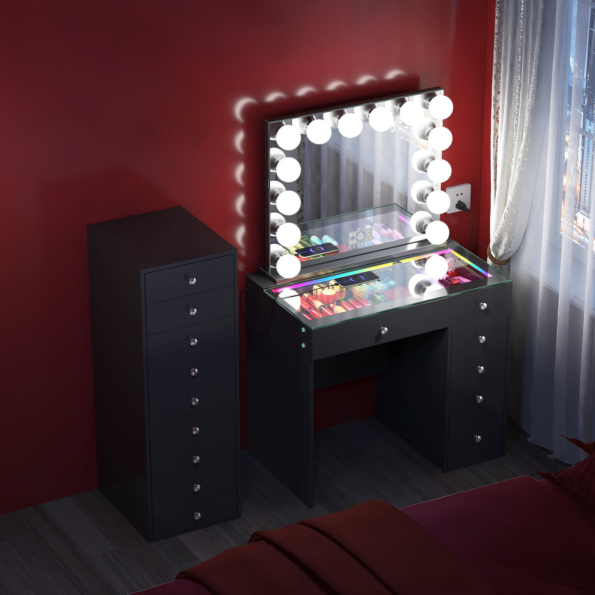 VANITII Mini Diana Vanity Desk with Marilyn Hollywood Vanity Mirror and 9 Drawer Unit (Only sell in California)