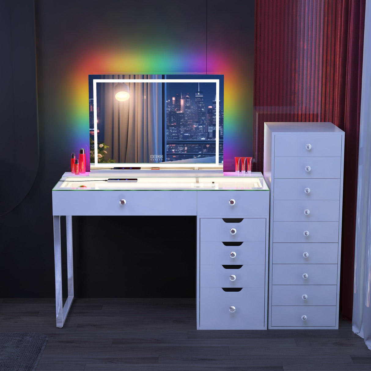 Promotion! VANITII Diana 8 Drawers Vanity Desk with Full Light and 18 Bulbs RGB Vanity Mirror and 9 Drawer Storage Unit (Only Sell on Dallas)
