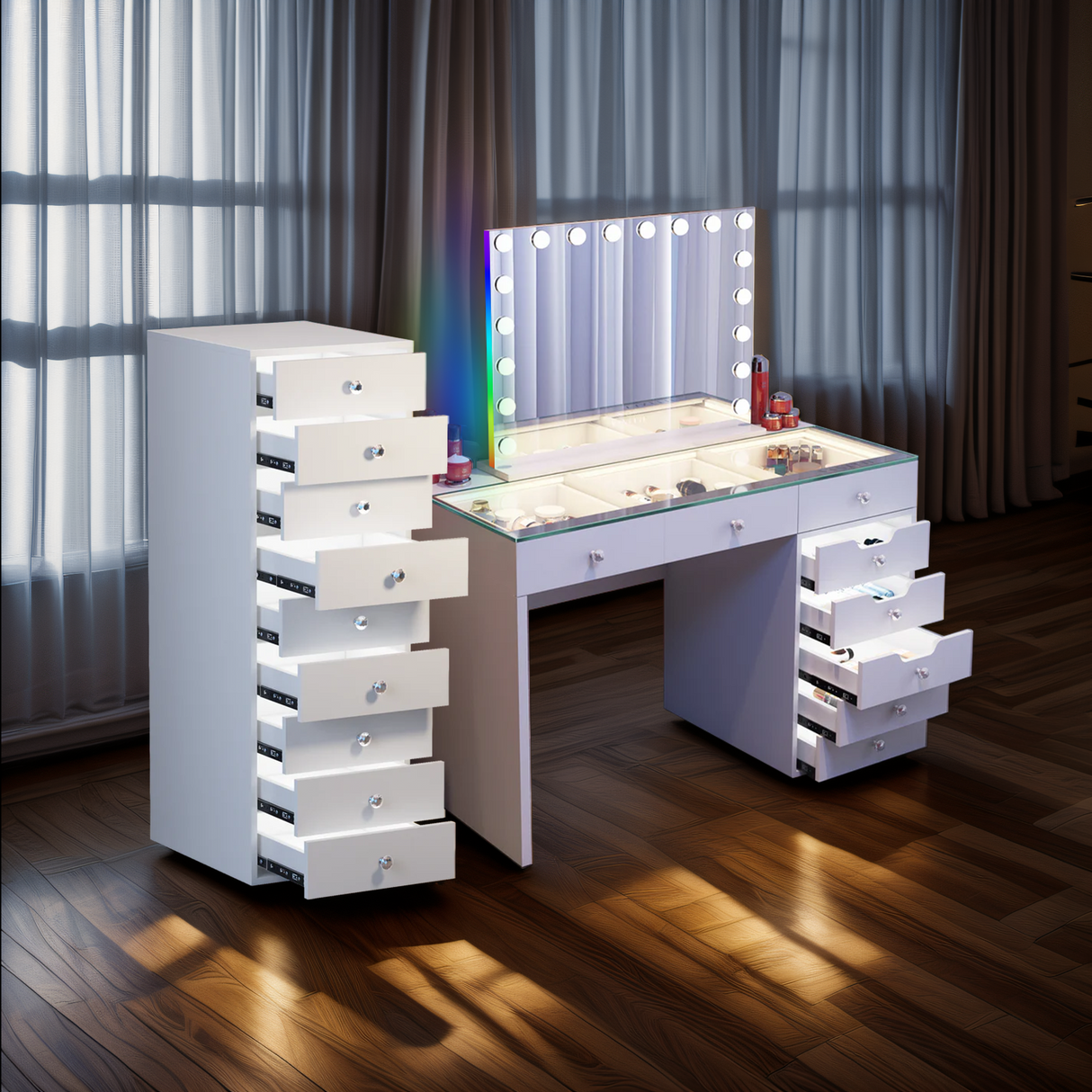 Promotion! VANITII Diana 8 Drawers Vanity Desk with Full Light and 18 Bulbs RGB Vanity Mirror and 9 Drawer Storage Unit (Only Sell on Dallas)