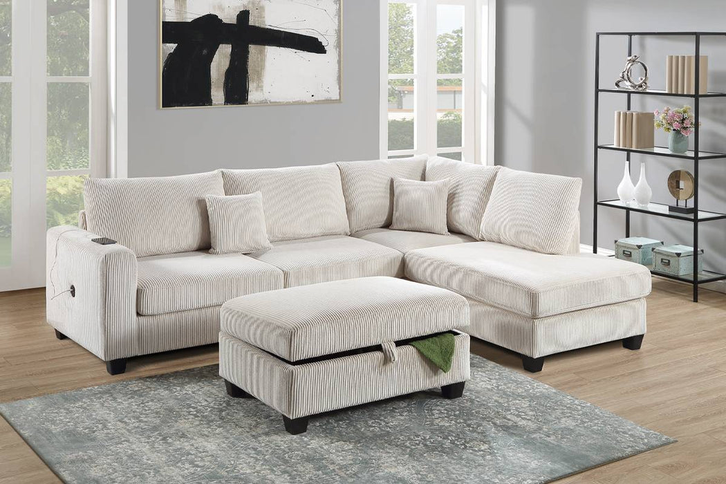 Sectional Sofa with Chaise, Sofa with USB Port & Storage Ottoman - Ivory