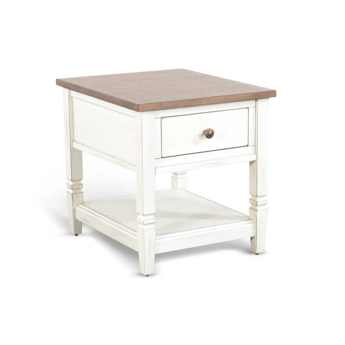 Purity Craft Pasadena 1-Drawer Farmhouse Mahogany End Table in Off White Marble White and Buck Skin