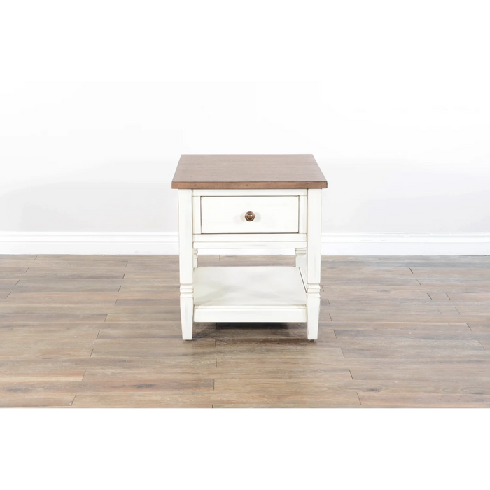 Purity Craft Pasadena 1-Drawer Farmhouse Mahogany End Table in Off White Marble White and Buck Skin