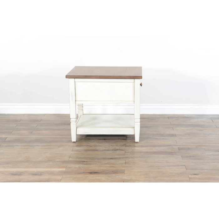 Purity Craft Pasadena 1-Drawer Farmhouse Mahogany End Table in Off White Marble White and Buck Skin