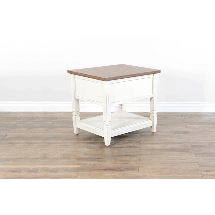 Purity Craft Pasadena 1-Drawer Farmhouse Mahogany End Table in Off White Marble White and Buck Skin