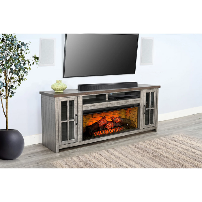 Purity Craft 76' Media Console with Electric Fireplace Tobacco Leaf and Alpine Grey