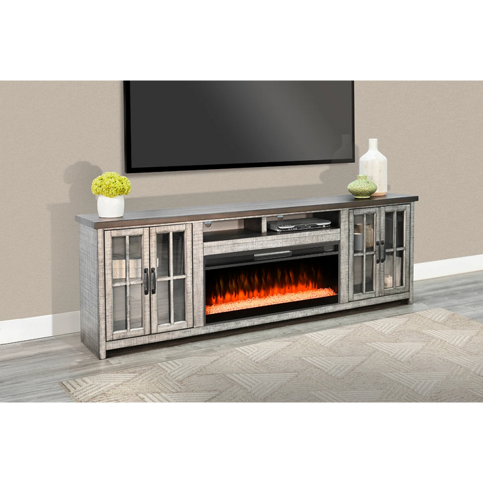 Purity Craft 76' Media Console with Electric Fireplace Tobacco Leaf and Alpine Grey