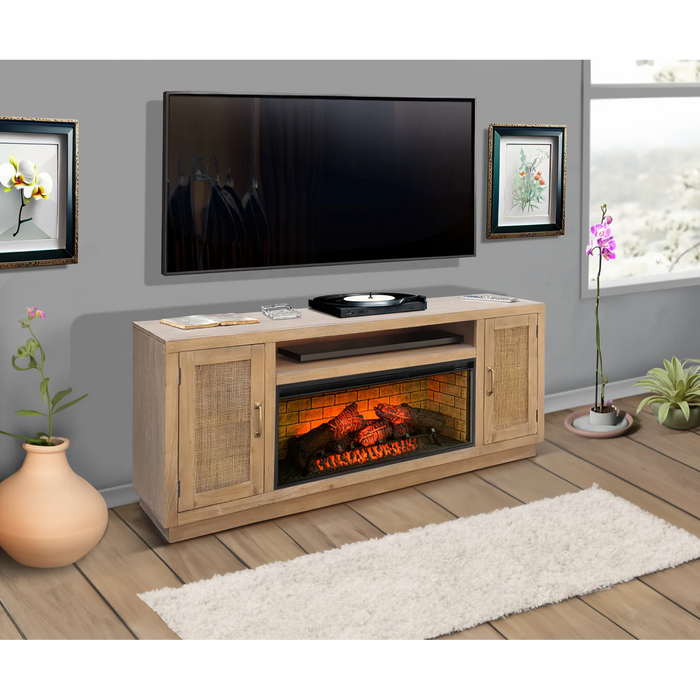 Purity Craft 78' Cane Media Console with Electric Fireplace Oak Grove