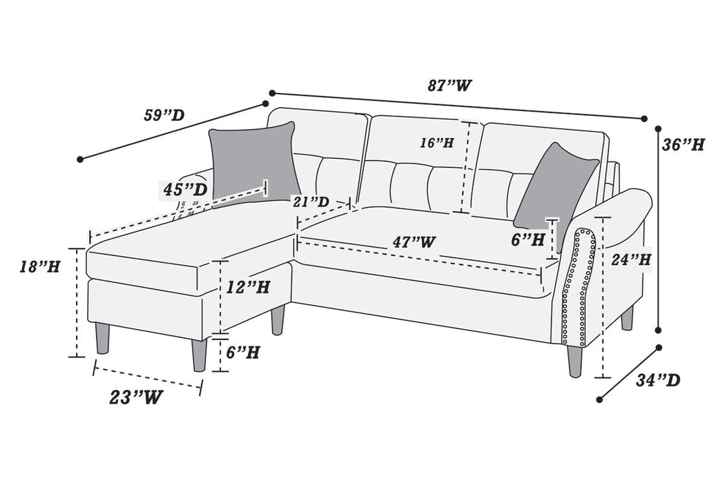 2-Piece Reversible Sectional Set W/ 2 Accent Pillows - Slate