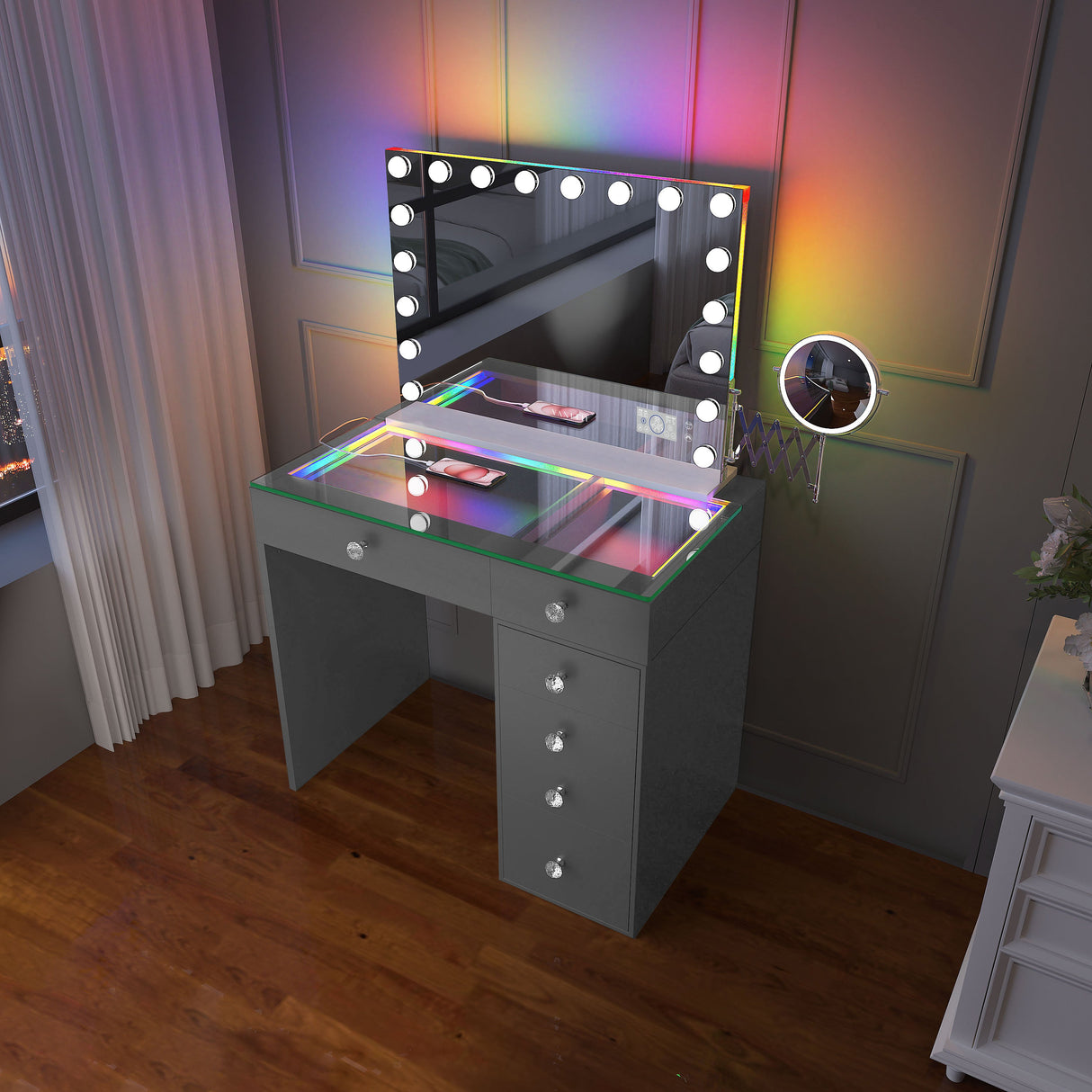 VANITII Mini Diana Vanity Desk with Hollywood Style RGB Music Mirror
