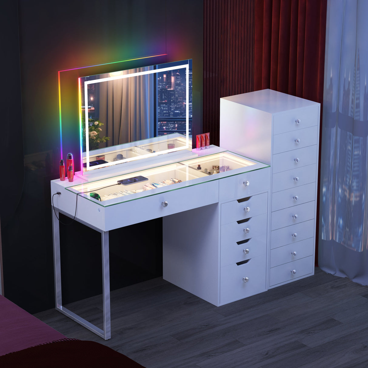 Promotion! VANITII Diana 8 Drawers Vanity Desk with Full Light and 18 Bulbs RGB Vanity Mirror and 9 Drawer Storage Unit (Only Sell on Dallas)