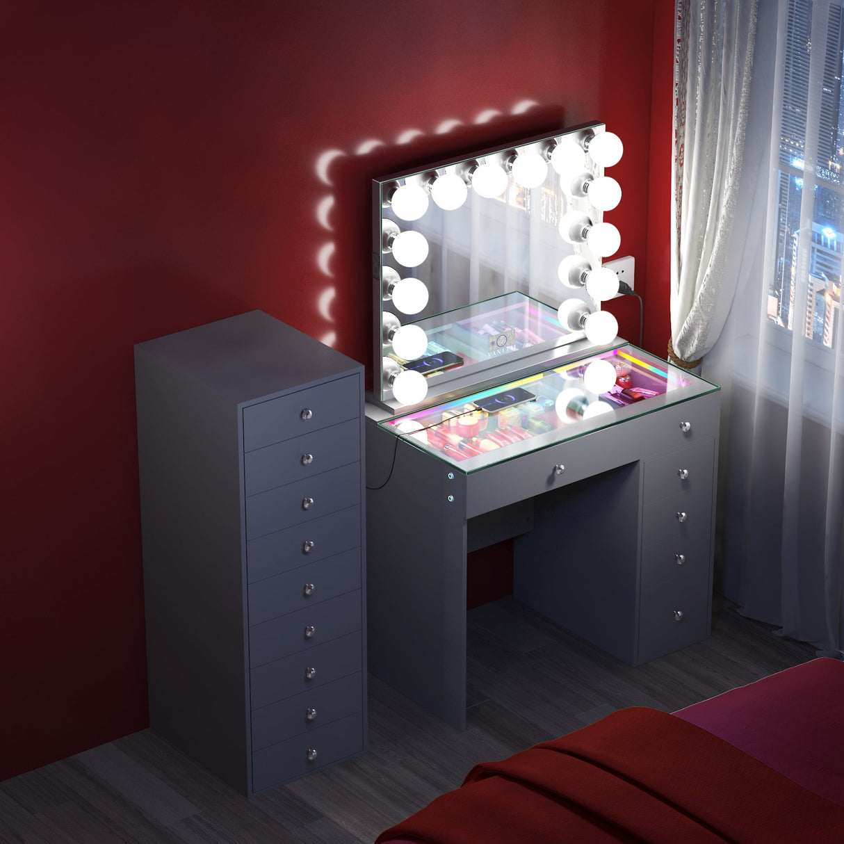 VANITII Mini Diana Vanity Desk with Marilyn Hollywood Vanity Mirror and 9 Drawer Unit (Only sell in California)