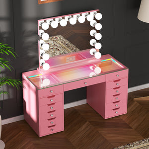 Promotion Deal! VANITII Eva-RGB Vanity Desk Set with 13 Storage Drawers and 15 Bulbs Light Mirror