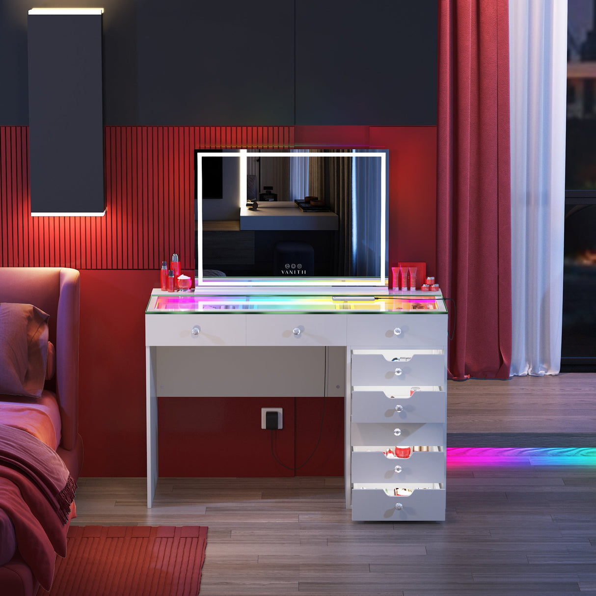 VANITII Diana RGB Vanity Desk with Light - 8 Storage Drawers