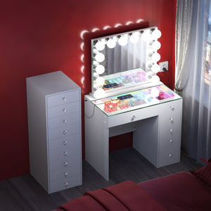 VANITII Mini Diana Vanity Desk with Marilyn Hollywood Vanity Mirror and 9 Drawer Unit (Only sell in California)