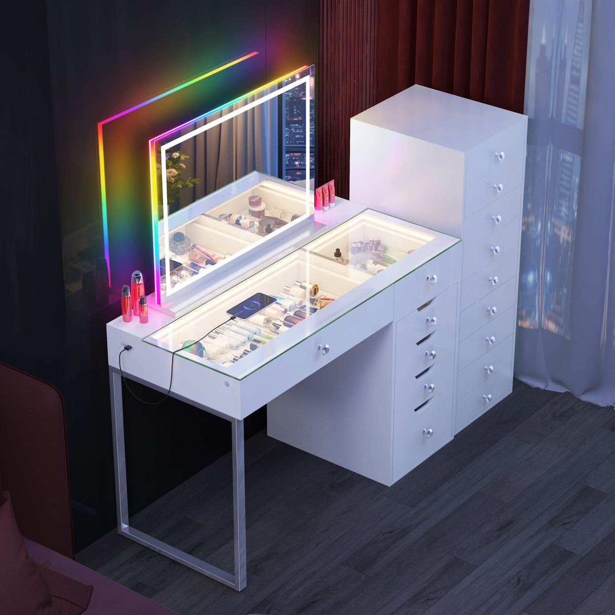 Promotion! VANITII Diana 8 Drawers Vanity Desk with Full Light and 18 Bulbs RGB Vanity Mirror and 9 Drawer Storage Unit (Only Sell on Dallas)
