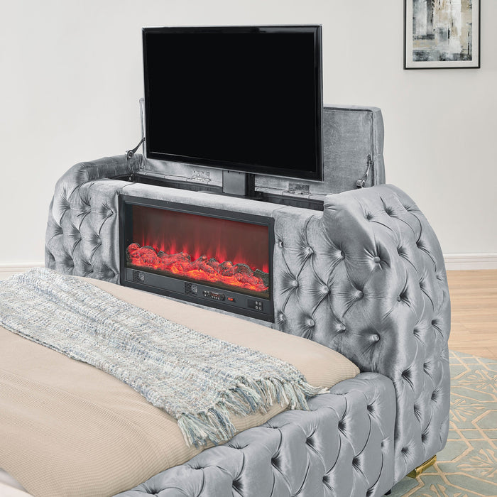 Natalia Gray King Upholstered Fireplace Bed with TV Lift