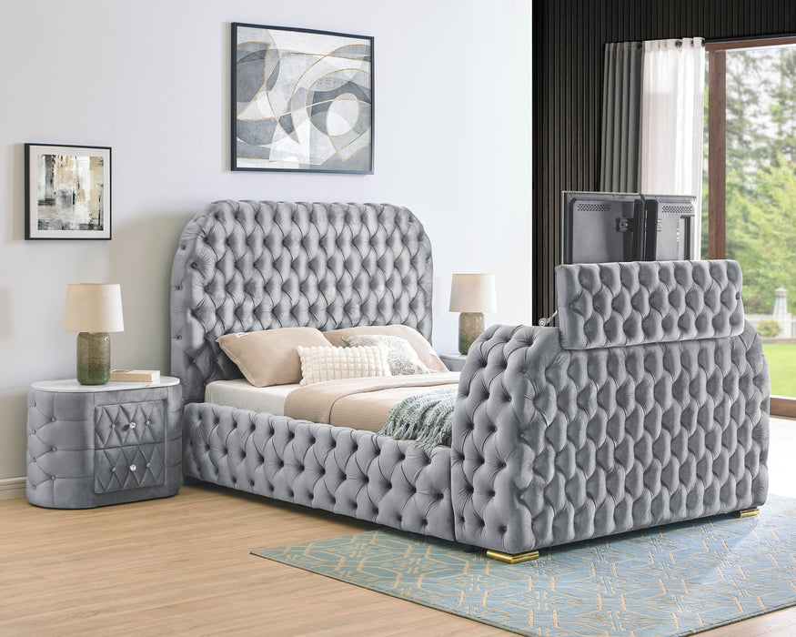 Natalia Gray Queen Upholstered Fireplace Bed with TV Lift