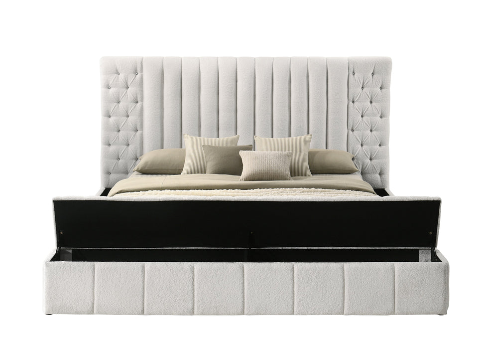 Danbury White Boucle Queen Upholstered Storage Panel Bed