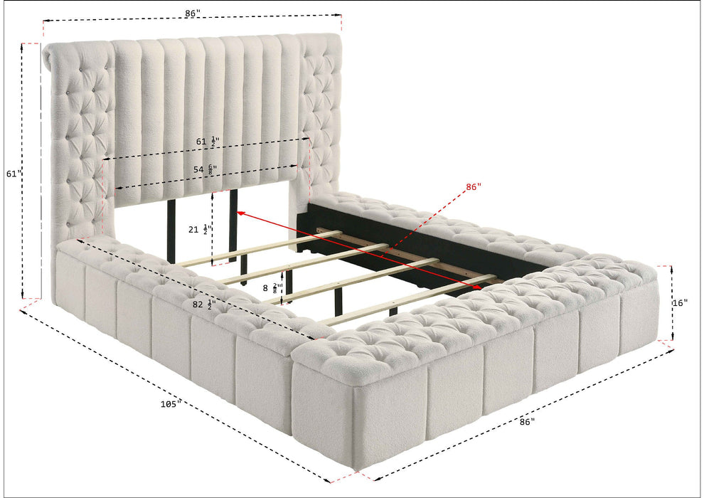 Danbury White Boucle Queen Upholstered Storage Panel Bed