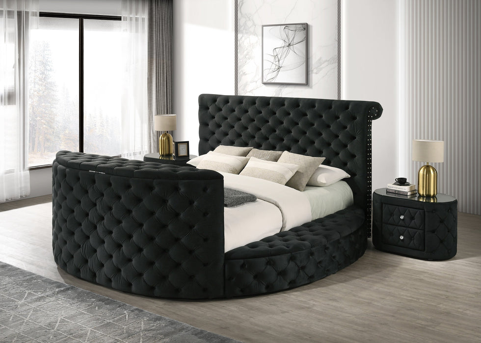 Voltare Black King Upholstered Fireplace Bed with TV Lift