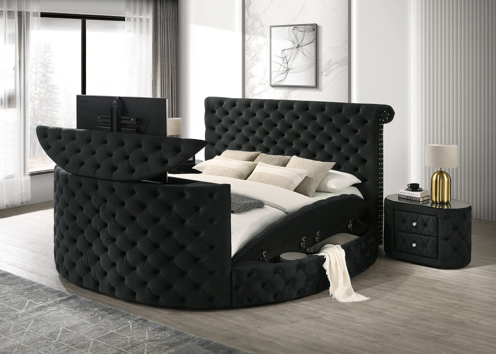 Voltare Black King Upholstered Fireplace Bed with TV Lift