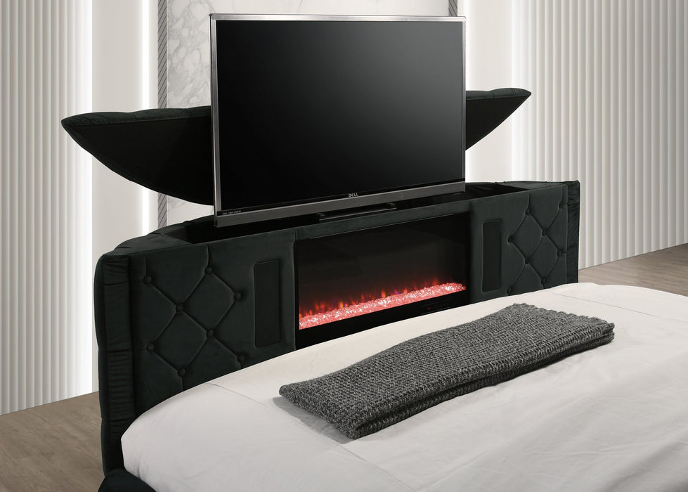 Voltare Black Queen Upholstered Fireplace Bed with TV Lift