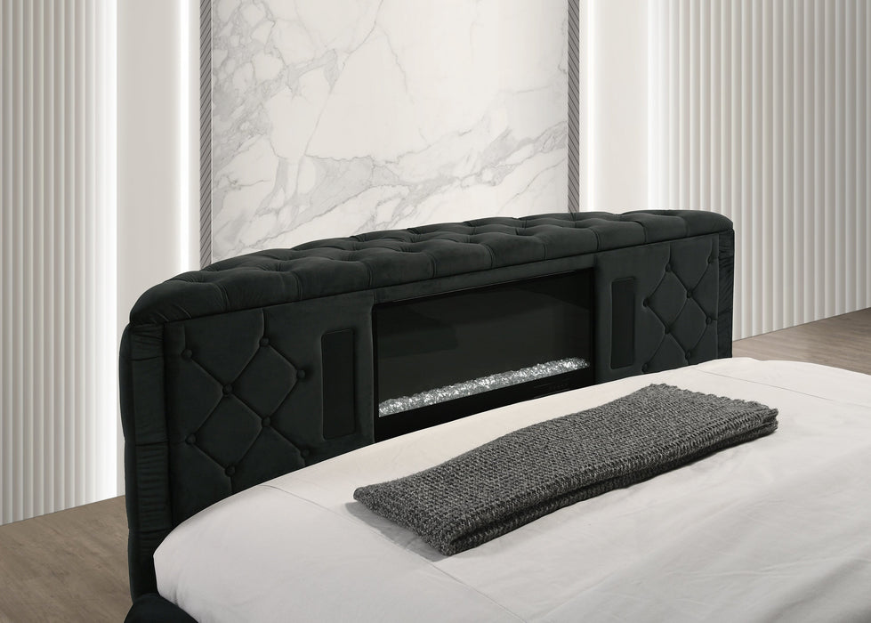 Voltare Black Queen Upholstered Fireplace Bed with TV Lift