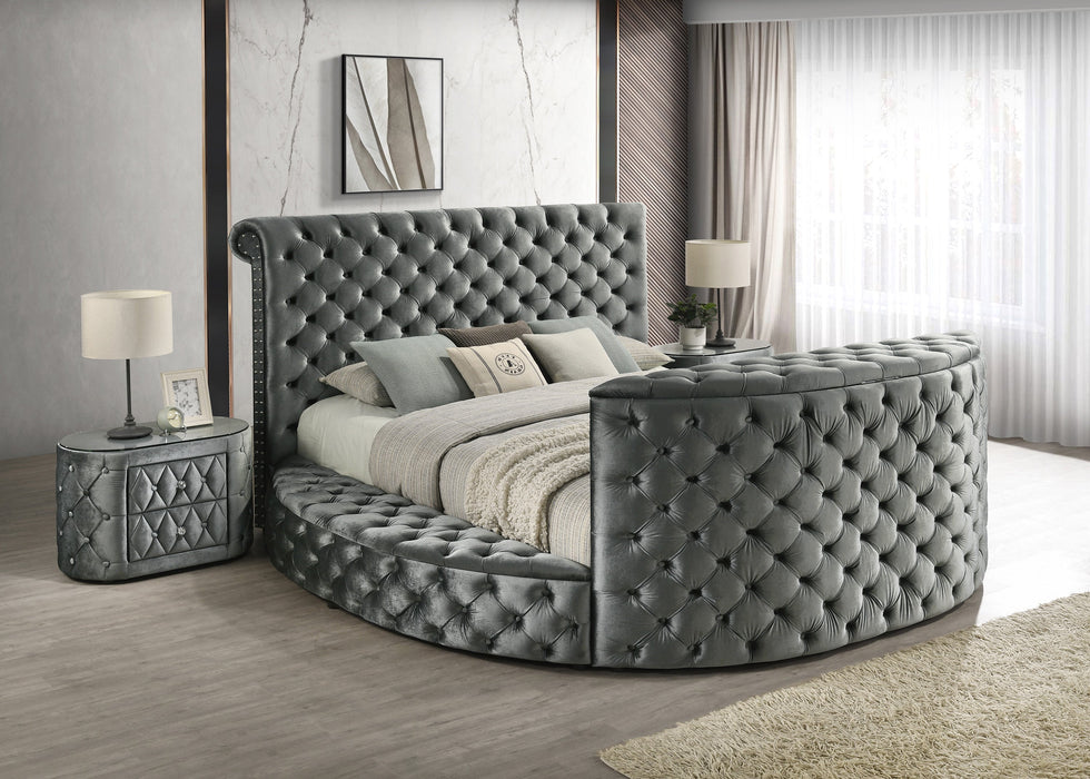 Voltare Gray King Upholstered Fireplace Bed with TV Lift