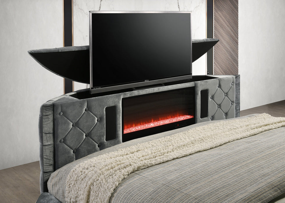 Voltare Gray Queen Upholstered Fireplace Bed with TV Lift