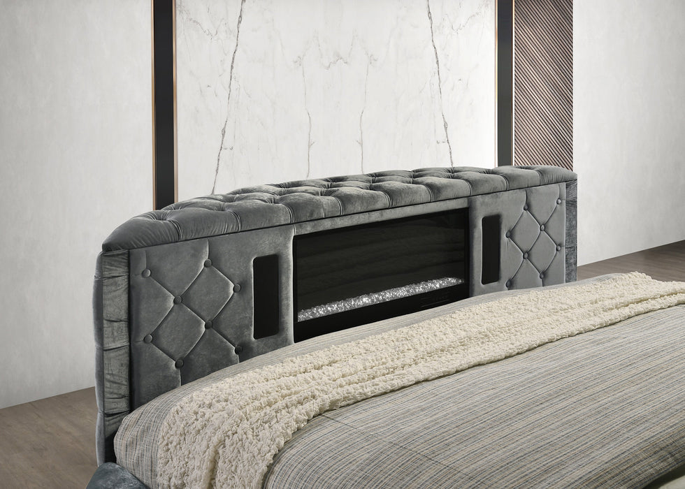 Voltare Gray Queen Upholstered Fireplace Bed with TV Lift