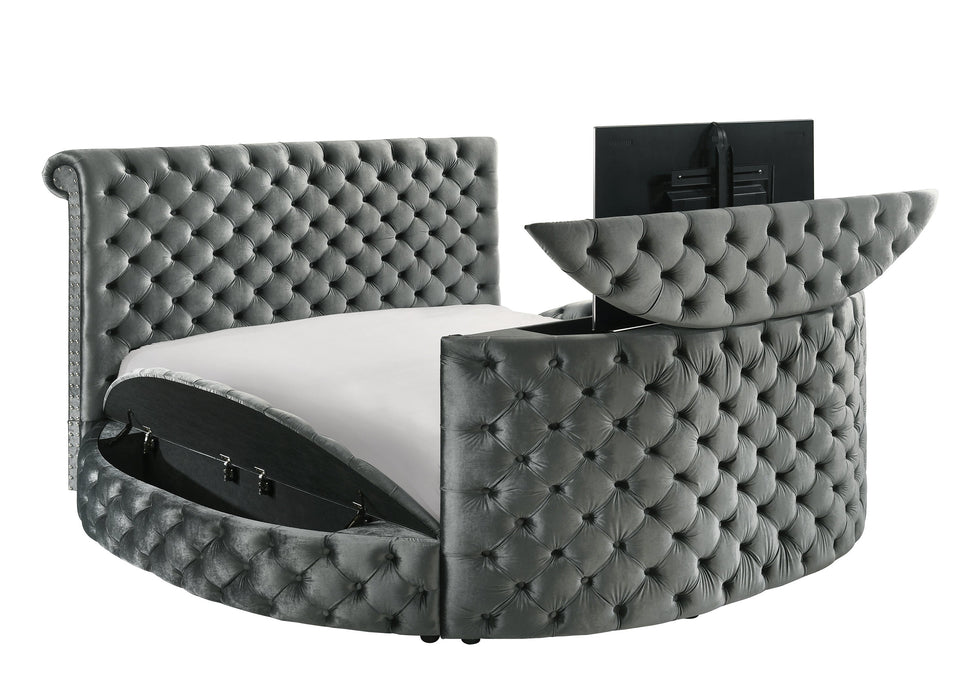 Voltare Gray King Upholstered Fireplace Bed with TV Lift