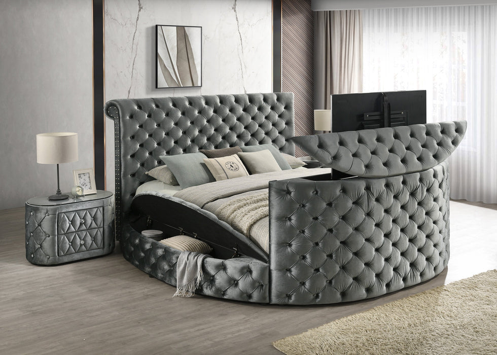 Voltare Gray Queen Upholstered Fireplace Bed with TV Lift