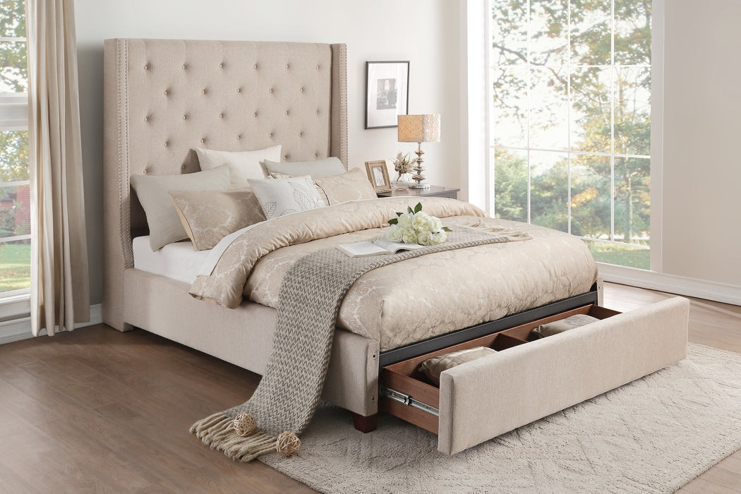 Fairborn Beige King Upholstered Storage Platform Bed